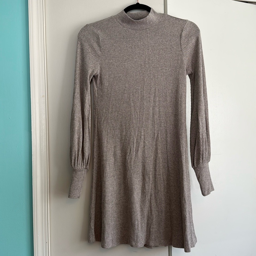 Express Ribbed Mock Neck Lantern Sleeve Mini Dress Taupe Grey XS